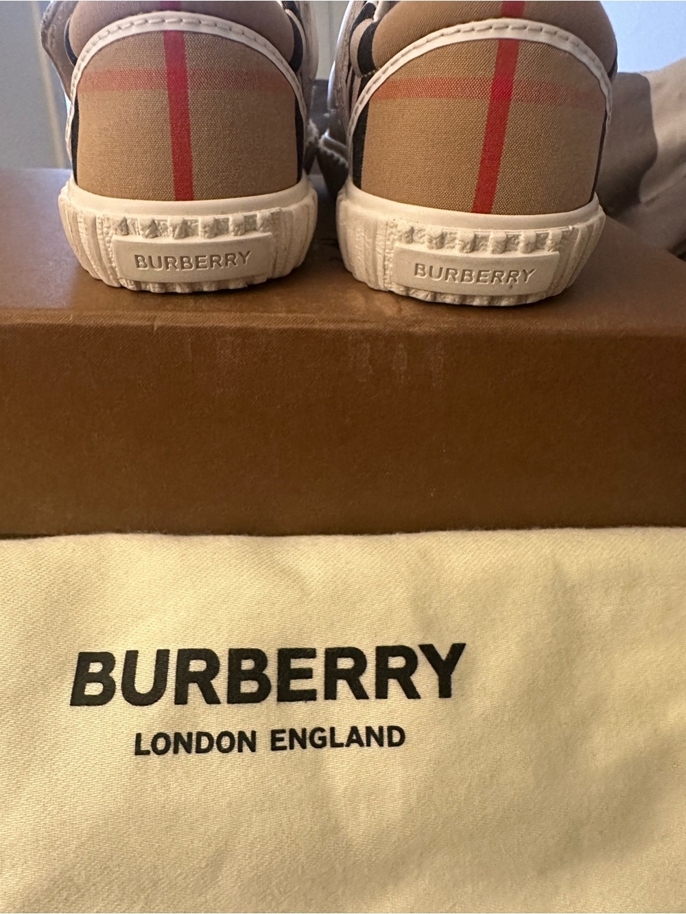 AUTHENTIC Burberry Beige Check Velcro Sneakers w/ Red Accent including dust bag